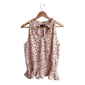 GiGio Red Floral Ruffle V Neck Sleeveless Smocked Waist Womens Size L Blouse